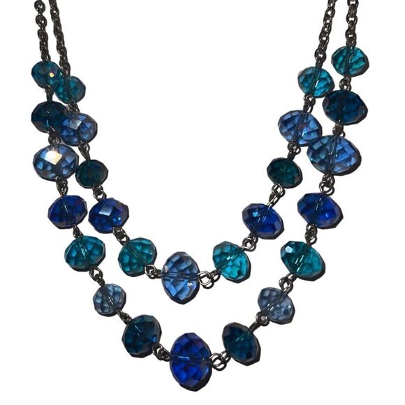 Cobalt & Sky Blue Crystals Double Strand Layer Beaded Women’s Necklace - Picture 1 of 9